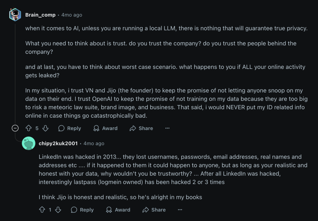 when it comes to Al, unless you are running a local LLM, there is nothing that will guarantee true privacy..png